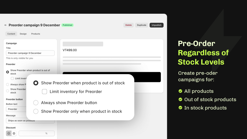 Essential Shopify preorder app works regardless of stock levels.
