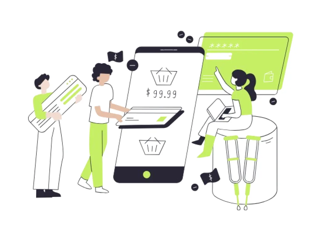 Illustration of three people optimising a Shopify storefront: one carries a page section, one adjusts a product card on a large phone showing a $99.99 basket, and one seated at a laptop edits a checkout form